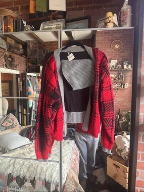 Free People Red and Black Plaid Open-Front Cardigan with Gray Trim